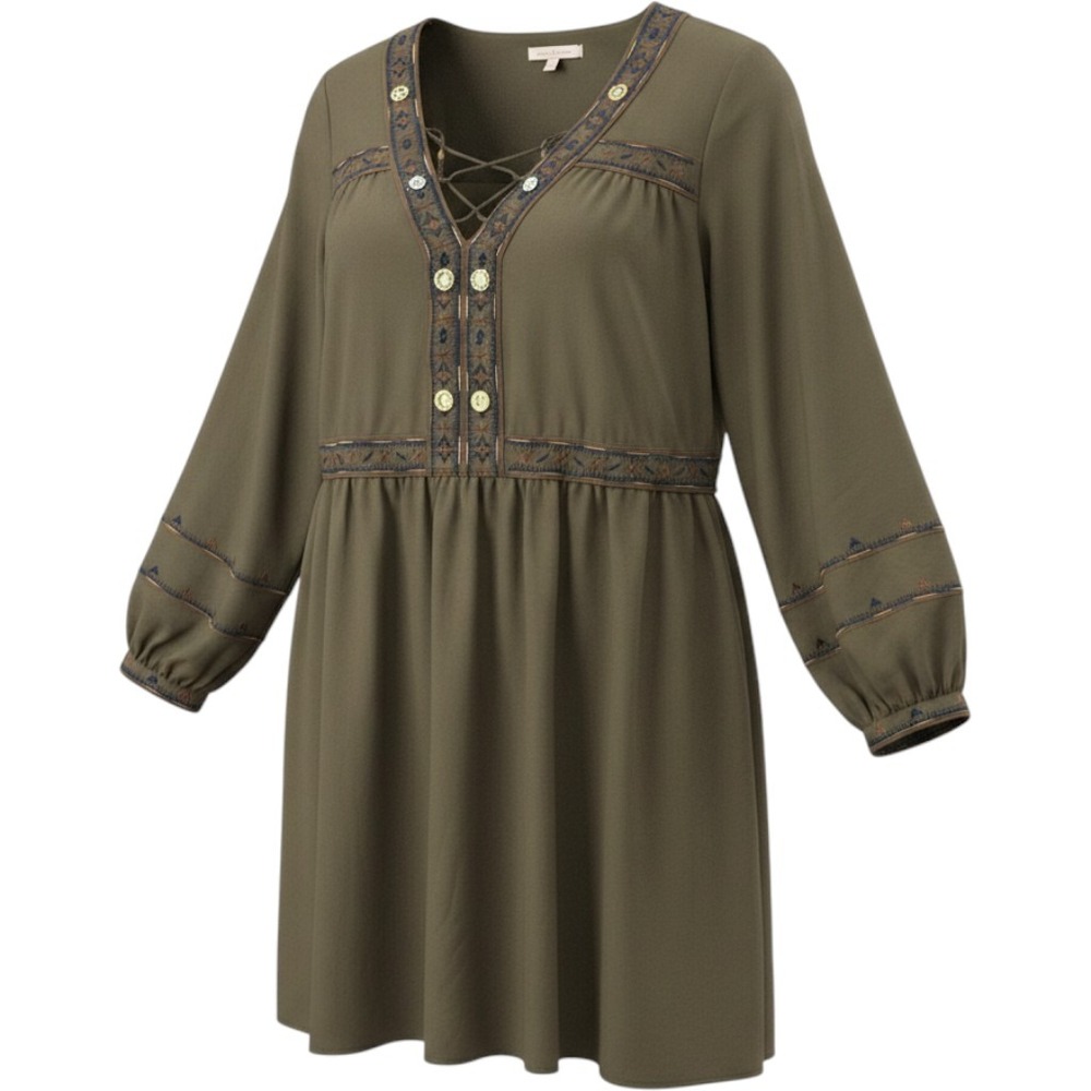 Gibson Latimer Olive Green Embroidered Mirror Tunic Dress Lace Up V-Neck Large
